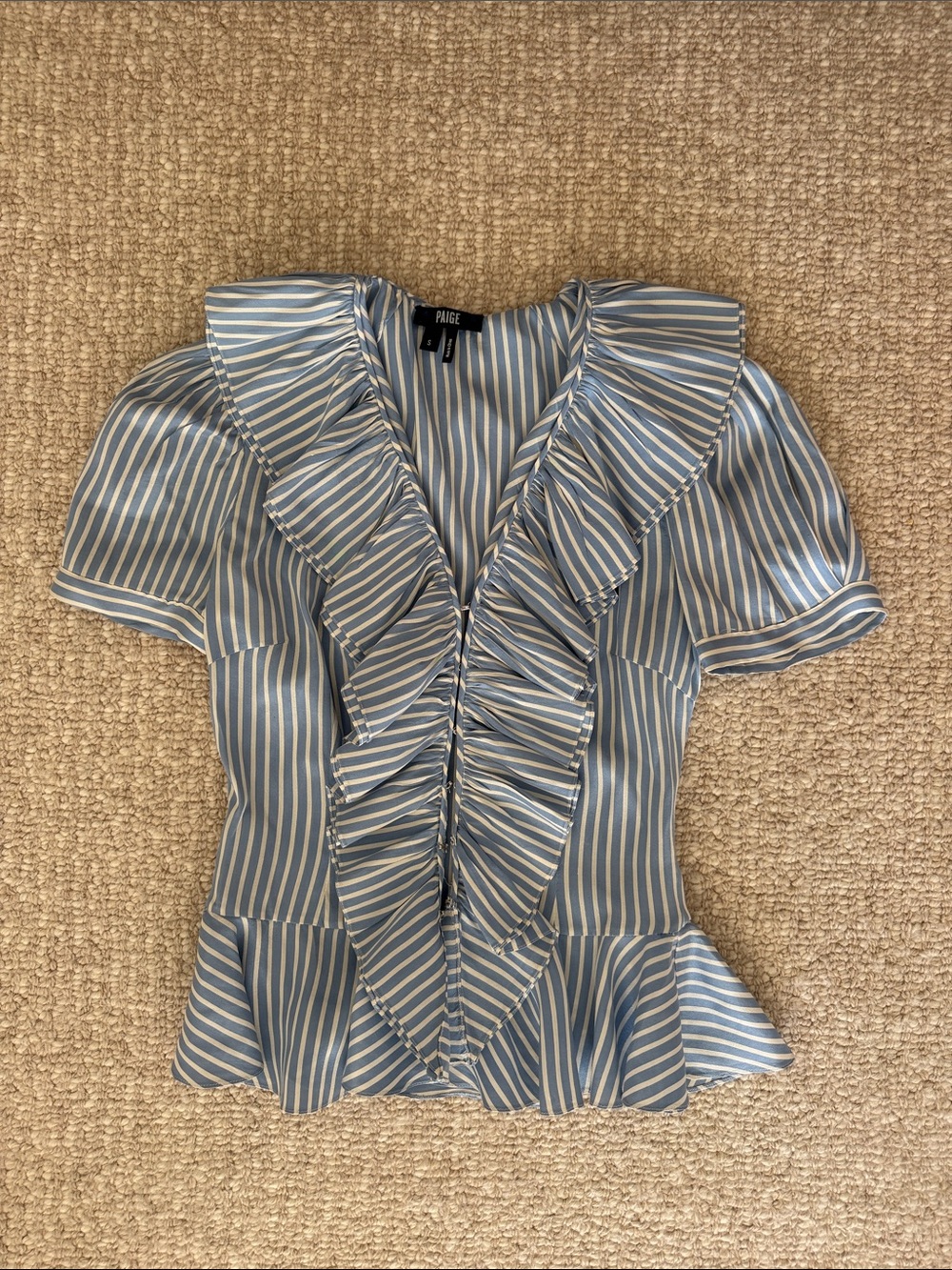 PAIGE Blue and White Striped Ruffle Peplum Blouse